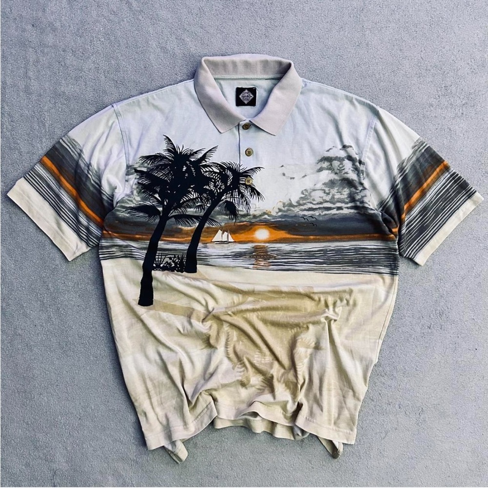 Vintage 90s Tabasco All Over Print Sunset Polo Shirt